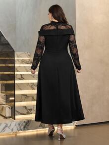 Modelyn 2026 Autumn/Winter Plus Size Women's Fashion Elegant X-Silhouette Off-Shoulder Long Sleeve Lace Patchwork Evening Dress For Holiday Occasions - Black - View 3