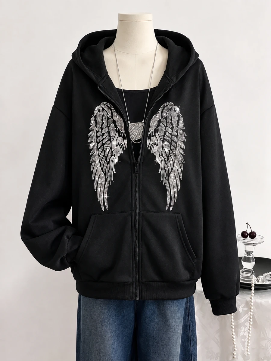 SHEIN 1件青少年女孩休閒極簡字母印花口袋拉鍊連帽長袖衛衣外套,街頭風,秋冬必備 - 黑色 - 查看 1
