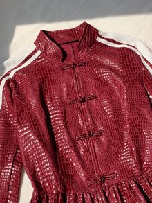 Comfortcana Women's Side Stripe Button Placket Ruffle Hem Regular Jacket - Red - View 7