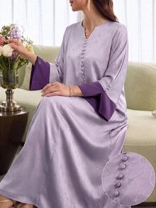 Al Najma 女款V領撞色喇叭袖阿拉伯風長洋裝，端莊優雅風格全身長裙，適合外出穿著 - 紫色 - 查看 6