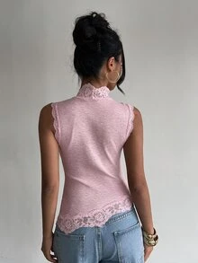 Aloruh 女款蕾絲拼接修身百搭休閒優雅浪漫T恤，夏季海灘約會外出度假波希米亞風上衣，白色與銀色 - 粉色 - 查看 2