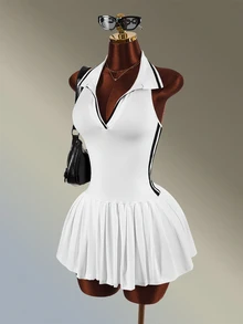 Amplova Women's Striped Colorblock Pleated Dress And Shorts Sportswear Set - White - View 3