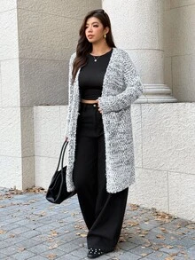 Easura Plus Size Mixed Yarn Fuzzy Pocket Design Cardigan Long Sleeve Knit Sweater Comfortable Casual - Multicolor - View 4