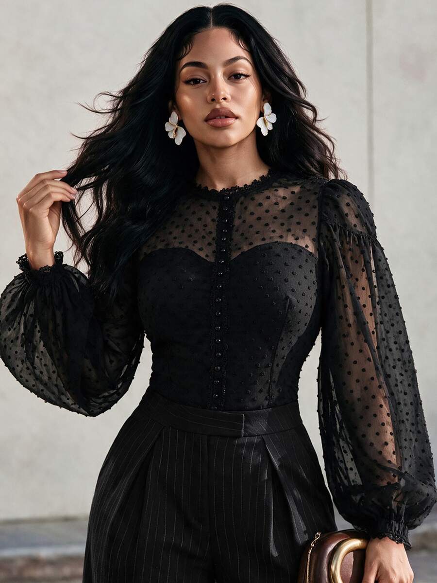 Eryvara Women's Fashion Round Neck Beaded Lace Placket Lantern Sleeve Casual Top, Suitable For Daily Commute And Date Outfits - Black - View 1
