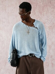 STYNVO Men's Loose Fit Eyelet Lace-Up Design Long Sleeve Sweater, Autumn, Fall - Baby Blue - View 6