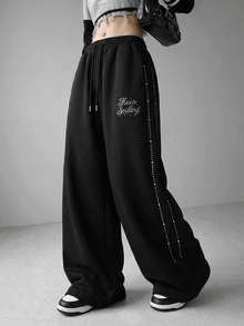 FRIFUL Women's Casual Letter Drawstring Loose Sweatpants - Black - View 5