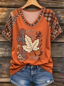 EMERY ROSE Plus Size Women's Halloween Bloody Handprint Graphic T-Shirt With Rolled Up Cuffs, "I'm Okay It's Not My Blood" Letter Print V-Neck Casual Tee Tops - Multicolor - View 3
