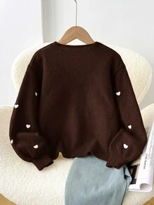 SHEIN Tween女孩寬鬆休閒簡約舒適圓領長袖蝴蝶結波點開襟衫 秋冬返校款 - 棕色 - 查看 2