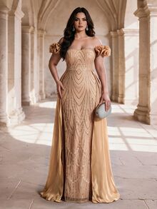 Coutiva Off-Shoulder Sweetheart Neckline Heavy Beaded Embroidery 3D Floral Decor Fitted Mermaid Side Slit Patchwork Train Long Dress - Dusty Pink - View 4