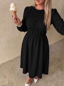 Auralis Plus Size Brown Round Neck Cinched Waist Flared Umbrella Skirt/Casual Cottage Core Dress Elastic Elegant Daily Formal Vacation Going Out Autumn Fall - Black - View 2