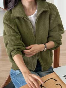 Livesso Women's Green Loose Casual Commute Office Layering Knit Cardigan Sweater, Autumn/Winter - Olive Green - View 1