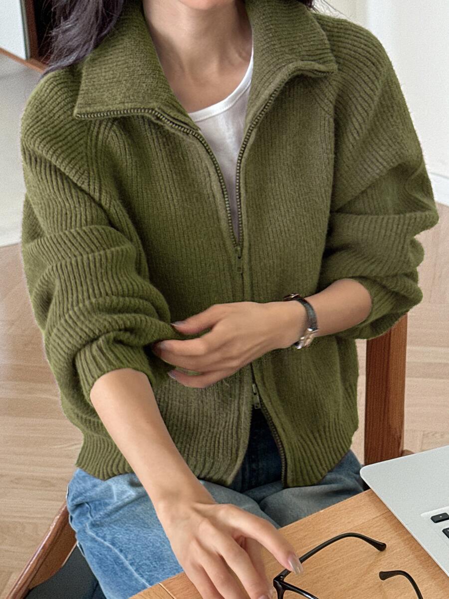 Livesso Women's Green Loose Casual Commute Office Layering Knit Cardigan Sweater, Autumn/Winter - Olive Green - View 1