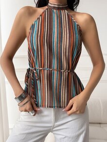 Livesso Women's Striped Backless Halter Top With Back Tie For Vacation - Orange - View 3