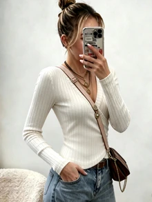 Zayélia New Casual Slimming Ruched Wrap V-Neck Versatile Women's T-Shirt - Apricot - View 5