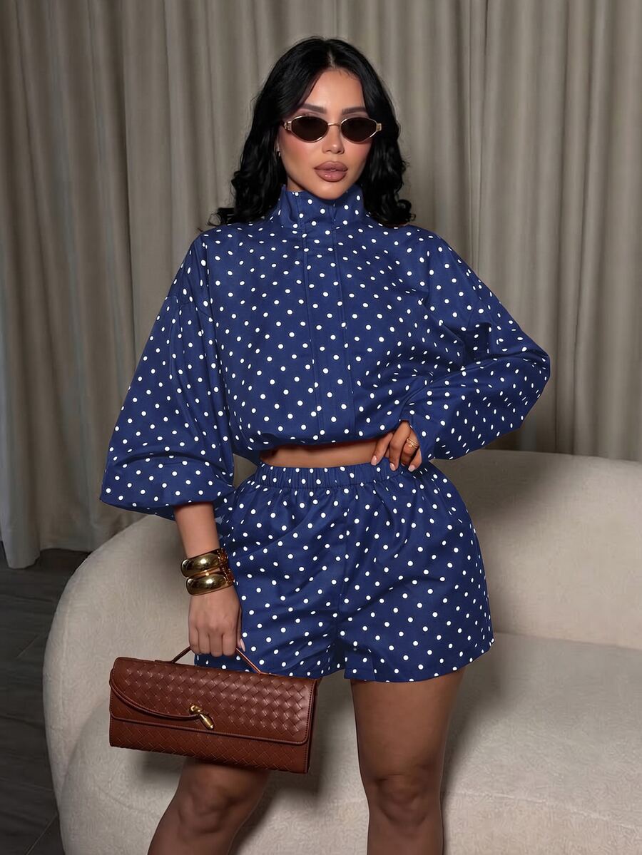 SOLERSUN Women's Chic Retro Polka Dot Long Sleeve Zip Drawstring Jacket & High Waist Shorts Matching Set (Random Floral) - Navy Blue - View 1