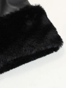 Velvienne Black Leather Fuzzy Collar Fuzzy Cuff Patchwork Leather Short Jacket Fashion Casual Plus Size Autumn/Winter Coat - Black - View 5
