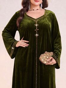 Al Najma Plus Size Women's Casual Party & Travel Arabian Dress - Army Green - View 3