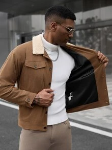 Manfinity CasualCool 男士棕色燈芯絨毛領經典百搭秋冬休閒夾克，適合通勤、商務、居家、戶外及日常穿著 - 棕色 - 查看 6