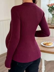 DAZY Solid Color Fitted Elastic Ribbed Long Sleeve Casual Daily Korean Style Spring Autumn Knit Sweater For Pregnant Women - Burgundy - View 2