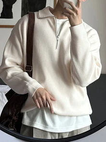 DAZY Men's Solid White Zip-Up Stand Collar Sweater, Autumn/Winter - White - View 1