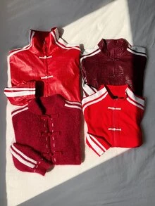 Comfortcana Women's Side Stripe Button Placket Ruffle Hem Regular Jacket - Red - View 6