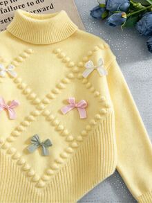 SHEIN Vintaside Kids 女童針織毛衣套裝，休閒時尚可愛嫩黃色，花朵與蝴蝶結裝飾，尖擺設計，高領，柔軟，日常穿搭，秋季 - 黃色 - 查看 8