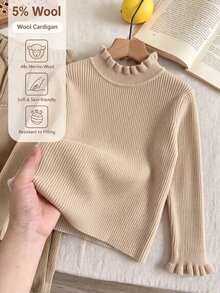 SHEIN Vintaside Kids 女童秋冬純色套頭高領荷葉邊修身內搭毛衣 - 駝色 - 查看 3