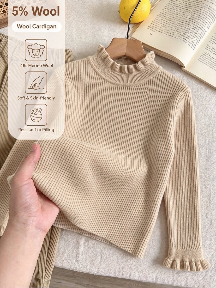 SHEIN Vintaside Kids Young Girls Sweaters Autumn/Winter Solid Color Pullover High Neck Ruffle Trim Base Layer Inner Wear - Camel - View 1
