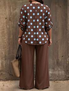 Weeklong Plus Size Polka Dot Raglan Sleeve Blouse & Wide Leg Pants Casual Set - Multicolor - View 2