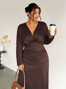 Firerie Brown Waist-Cinched V-Neck Drop Shoulder Long Sleeve Mermaid Maxi Dress/High Elastic Comfortable Elegant Commute - Brown - View 4
