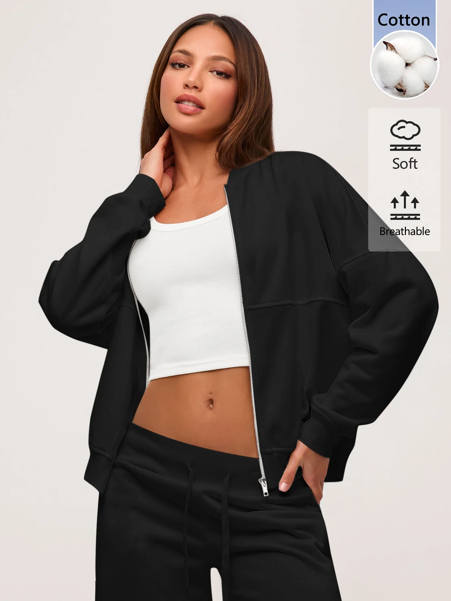 SHEIN BASICS 女款簡約百搭長袖拉鍊夾克 - 黑色 - 查看 1