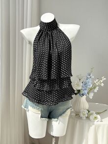 SHEIN EZwear 女款春夏秋棕色與藍色波點印花雪紡掛脖綁帶露背荷葉邊層次上衣，優雅通勤辦公室復古休閒購物約會日常穿搭百搭 - 黑色 - 查看 3