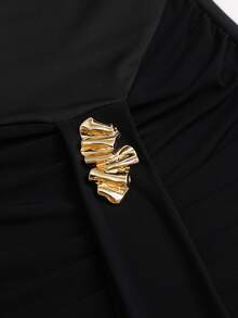 Sweetra Women's Long Sleeve Off-Shoulder Mesh Patchwork Knit Elastic, Slim Fit Waist With Metal Buckle, Suitable For Evening Party And Date - Black - View 3