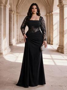 Coutiva Plus Size Elegant Classy Black Fall Formal Dinner Prom Fuchsia Lace Cold Shoulder Ruched Mermaid Maxi Dress Sheer Details New Year - Black - View 3