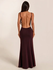 SHEIN BAE Fall Winter Brown Lace Patchwork Sleeveless Wrap Ruched Elegant French Maxi Dress Halloween Party Wedding Guest - Brown - View 2