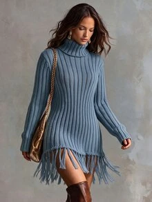 Solivie Women's Autumn/Winter Blue Tassel Sweater Top, Versatile - Blue - View 7