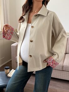DAZY Patchwork Fabric Loose Lapel Casual Streetwear Korean Style Vacation Autumn/Winter Maternity Regular Jacket - Khaki - View 4