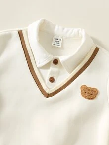 SHEIN 2件組 嬰兒男童/女童對比色襯衫領休閒學院風長袖套頭上衣＋鬆緊腰長褲 秋冬兩件套 - 彩色 - 查看 4