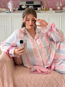 Slumberry CURVE Plus Size Women Sweet INS Style Striped Bow Plaid Print Contrast Color Lapel Long Sleeve Pants Pajama Set - Multicolor - View 1