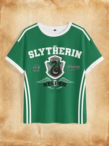 HARRY POTTER X SHEIN Kaos Lengan Pendek Wanita Motif Garis-Garis dengan Cetak Huruf dan Blok Warna - Putih - View 4