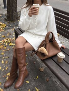 Autumina White Loose Casual Commute Minimalist Fashion Urban Round Neck Long Sleeve Cardigan And Short Skirt Knit Two Pieces Set For Women - White - View 6