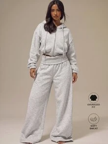 MUSERA ESSENTIALS Off White Fleece Foldover Ribbed Waistband Relaxed Wide Leg Pants Basics Loungewear Casual Everyday Essentials - Grey - View 1