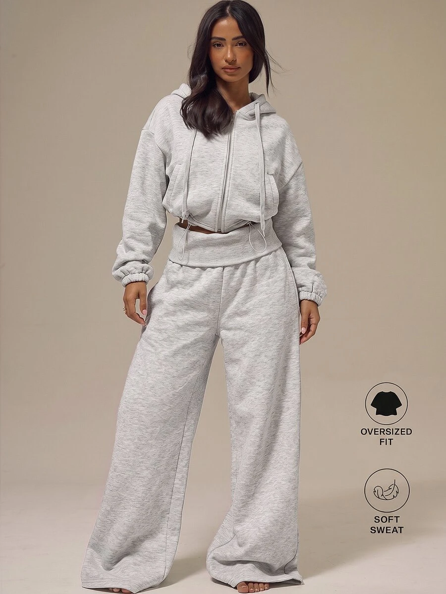 MUSERA ESSENTIALS Off White Fleece Foldover Ribbed Waistband Relaxed Wide Leg Pants Basics Loungewear Casual Everyday Essentials - Grey - View 1