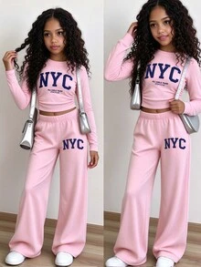 青少年女孩 2 件組 NYC 字母印花長袖上衣與寬腿長褲套裝，粉色海軍藍，秋季服飾 - 彩色 - 查看 3