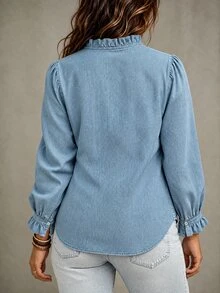 Linhara CURVE Women's Fashion Blue Denim Effect Ruffle Collar Gathered Puff Sleeve Loose Fit Versatile Blouse, Suitable For Daily Wear, Outings, Commuting, Casual Dating - Grey - View 2