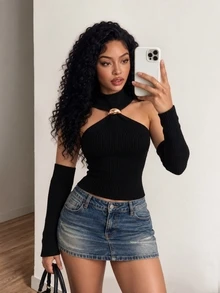 BamGleam Women's Sleeveless Black Ribbed Knit Sweater Top, Round Neck, Short Length, Cold Shoulder, Slim Fit, Casual Commute, Bold Avant-Garde, Vacation, Work, Party, Banquet, Evening, Gathering - Black - View 5