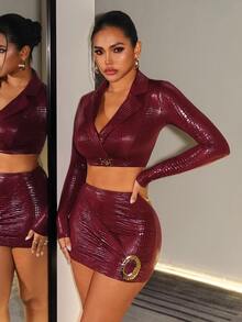 BamGleam Women's Solid Color Cropped Top And Metal Decor Mini Skirt Sexy Set - Burgundy - View 6