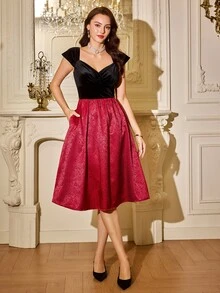 Vintamour Women's Colorblock Pleated Casual Party Midi Dress - Multicolor - View 3