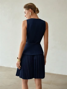MOTF PREMIUM FASHIONABLE ELEGANT PLEATED SHORT DRESS FOR WOMEN - Navy Blue - View 2