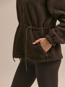 GLOWMODE Cozy Era Fleece Jacket With Cinched-Waist, Oversized Lapel & Front Pockets Outdoor Fall Winter Daily Casual Wear - Chocolate Brown - View 4